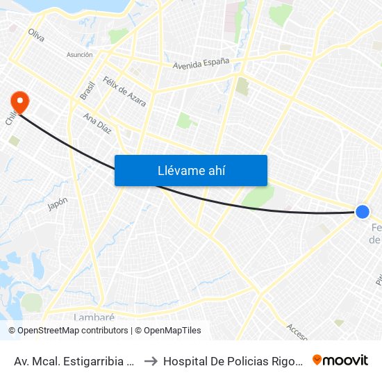 Av. Mcal. Estigarribia X 14 De Mayo to Hospital De Policias Rigoberto Caballero map