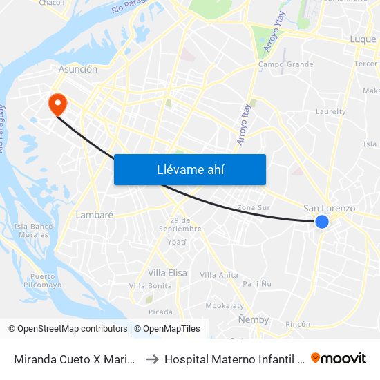 Miranda Cueto X Mariscal Estigarribia to Hospital Materno Infantil de Barrio Obrero map