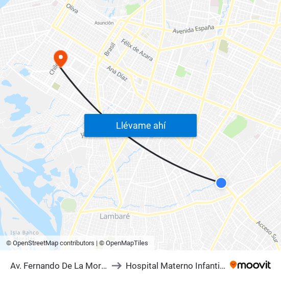 Av. Fernando De La Mora X De La Victoria to Hospital Materno Infantil de Barrio Obrero map