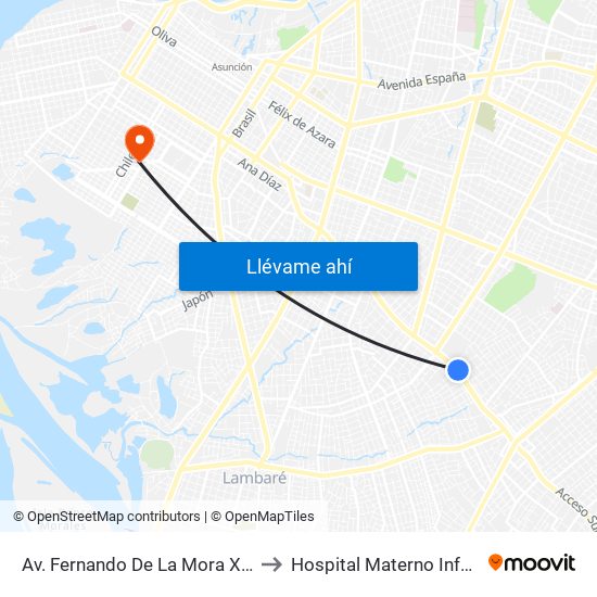 Av. Fernando De La Mora X Universitarios Del Chaco to Hospital Materno Infantil de Barrio Obrero map