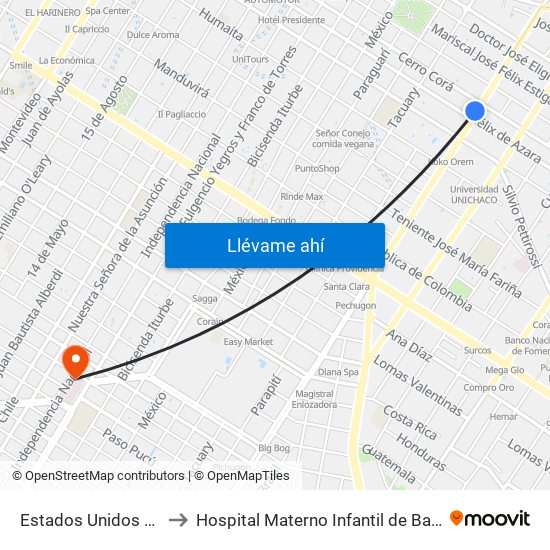 Estados Unidos X Azara to Hospital Materno Infantil de Barrio Obrero map