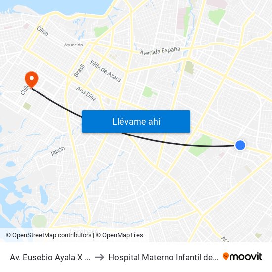 Av. Eusebio Ayala X Félix Lopéz to Hospital Materno Infantil de Barrio Obrero map