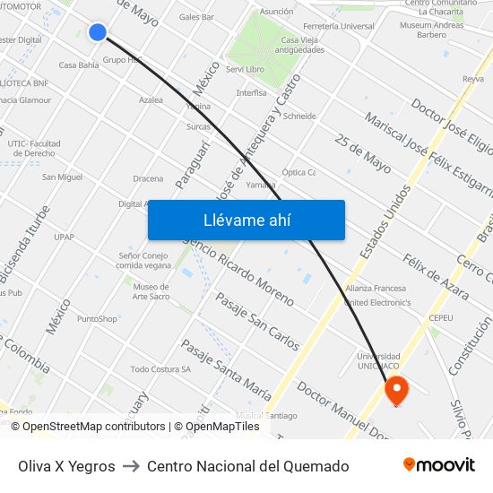 Oliva X Yegros to Centro Nacional del Quemado map