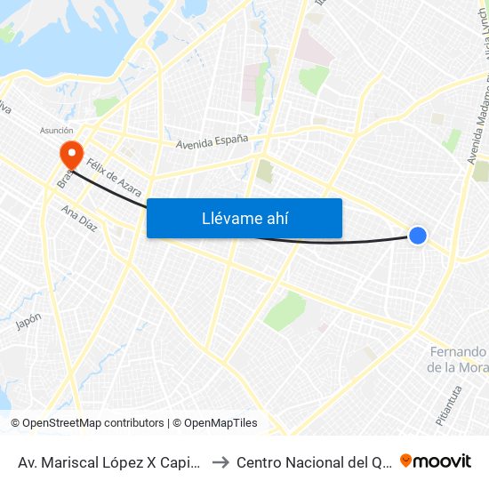 Av. Mariscal López X Capitán Bueno to Centro Nacional del Quemado map