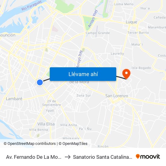Av. Fernando De La Mora X Av. Argentina to Sanatorio Santa Catalina Calle'i San lorenzo map