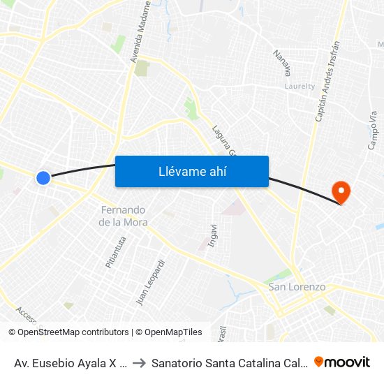 Av. Eusebio Ayala X Félix Lopéz to Sanatorio Santa Catalina Calle'i San lorenzo map