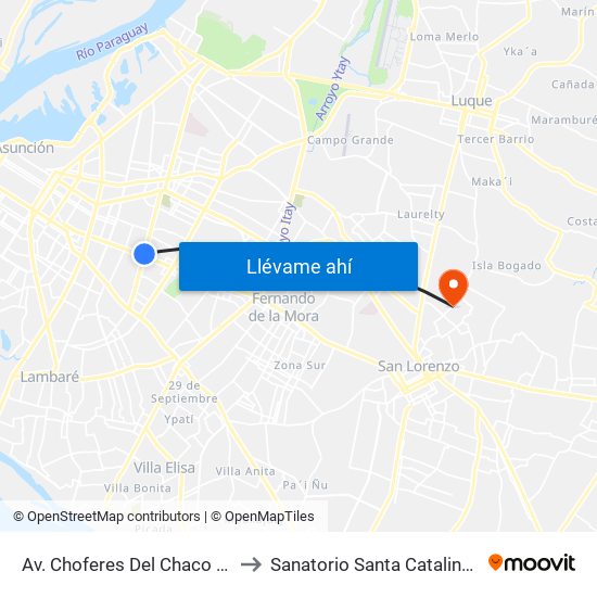 Av. Choferes Del Chaco X Av. Eusebio Ayala to Sanatorio Santa Catalina Calle'i San lorenzo map