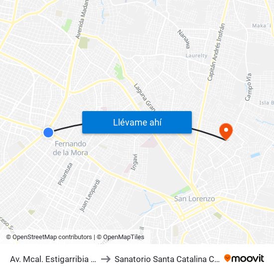Av. Mcal. Estigarribia X 14 De Mayo to Sanatorio Santa Catalina Calle'i San lorenzo map