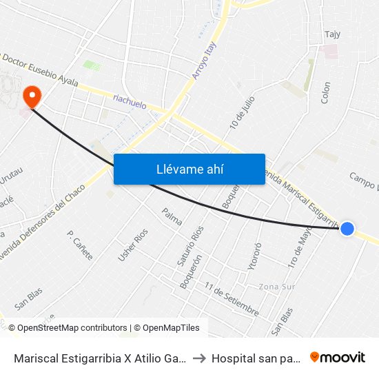 Mariscal Estigarribia X Atilio Galfre to Hospital san pablo map