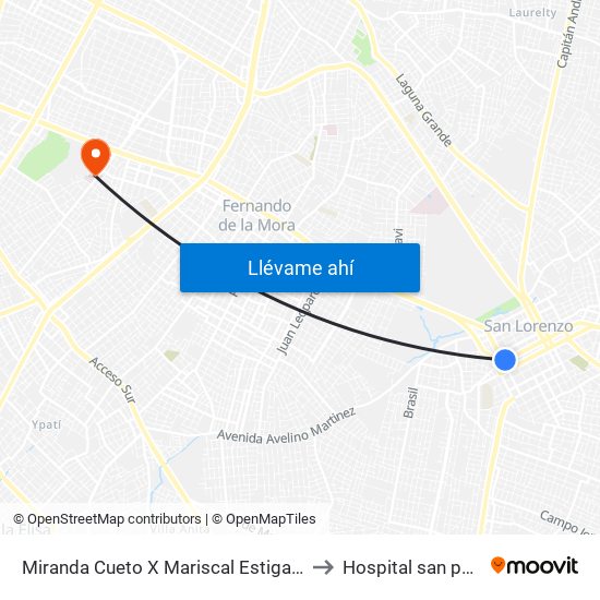 Miranda Cueto X Mariscal Estigarribia to Hospital san pablo map