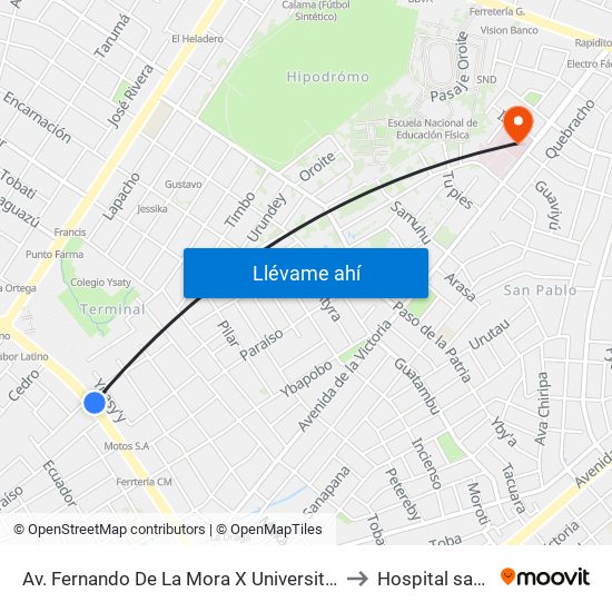 Av. Fernando De La Mora X Universitarios Del Chaco to Hospital san pablo map