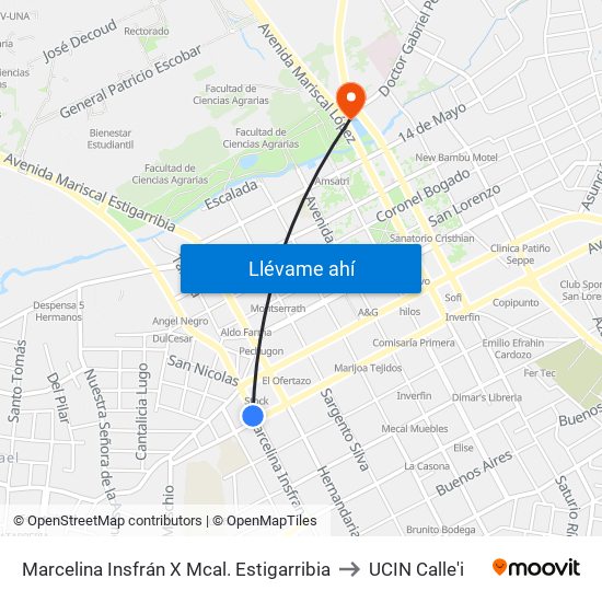 Marcelina Insfrán X Mcal. Estigarribia to UCIN Calle'i map