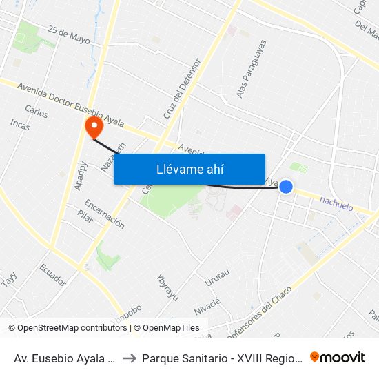 Av. Eusebio Ayala X Félix Lopéz to Parque Sanitario - XVIII Region Sanitaria - Capital map