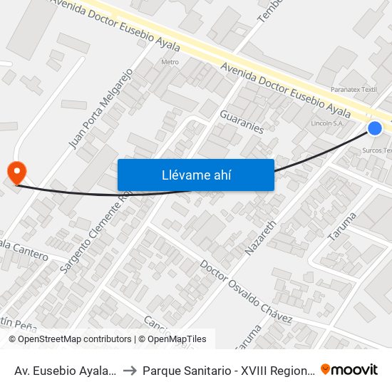 Av. Eusebio Ayala X Nazareth to Parque Sanitario - XVIII Region Sanitaria - Capital map