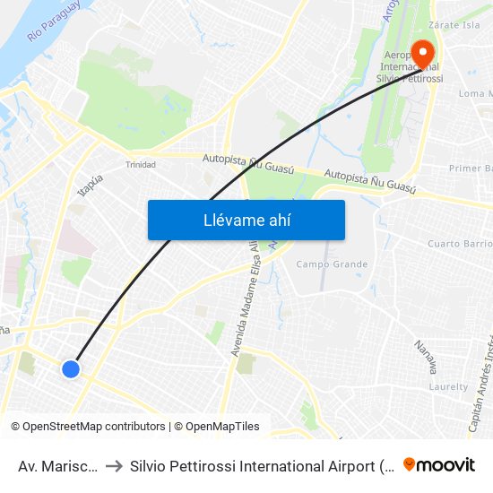 Av. Mariscal López X Bulnes to Silvio Pettirossi International Airport (ASU) (Aeropuerto Internacional Silvio Pettirossi (ASU)) map