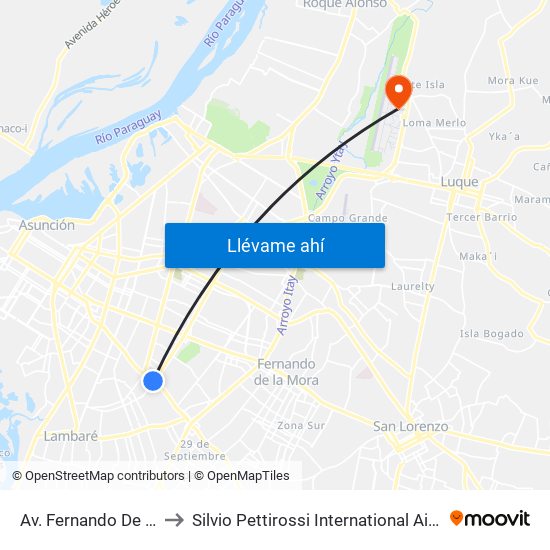 Av. Fernando De La Mora X Av. República Argentina to Silvio Pettirossi International Airport (ASU) (Aeropuerto Internacional Silvio Pettirossi (ASU)) map