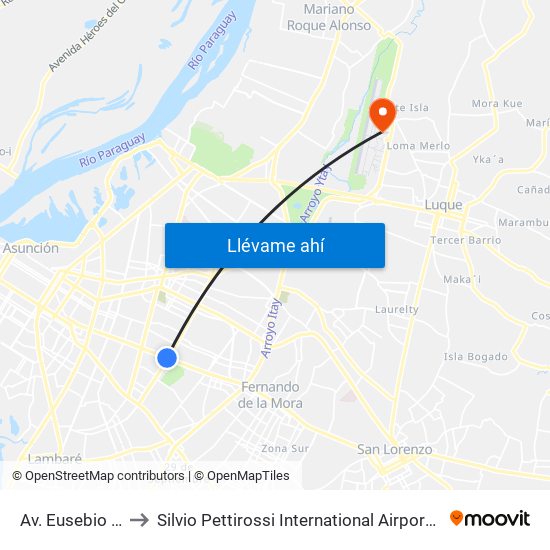 Av. Eusebio Ayala X Av. Argentina to Silvio Pettirossi International Airport (ASU) (Aeropuerto Internacional Silvio Pettirossi (ASU)) map