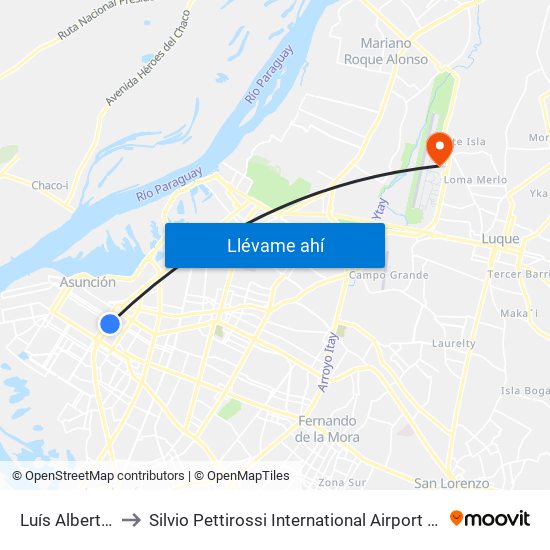 Luís Alberto De Herrera, 1095 to Silvio Pettirossi International Airport (ASU) (Aeropuerto Internacional Silvio Pettirossi (ASU)) map