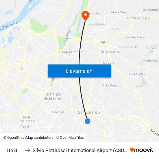 Tte Benitez, 326 to Silvio Pettirossi International Airport (ASU) (Aeropuerto Internacional Silvio Pettirossi (ASU)) map