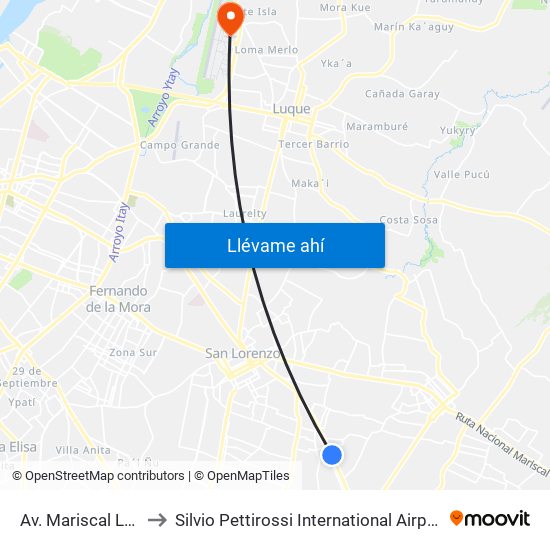 Av. Mariscal López (Parada Km. 17 (1/2)) to Silvio Pettirossi International Airport (ASU) (Aeropuerto Internacional Silvio Pettirossi (ASU)) map