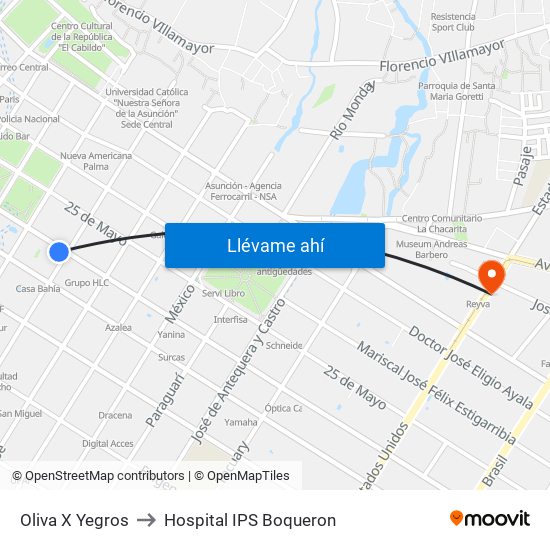 Oliva X Yegros to Hospital  IPS Boqueron map