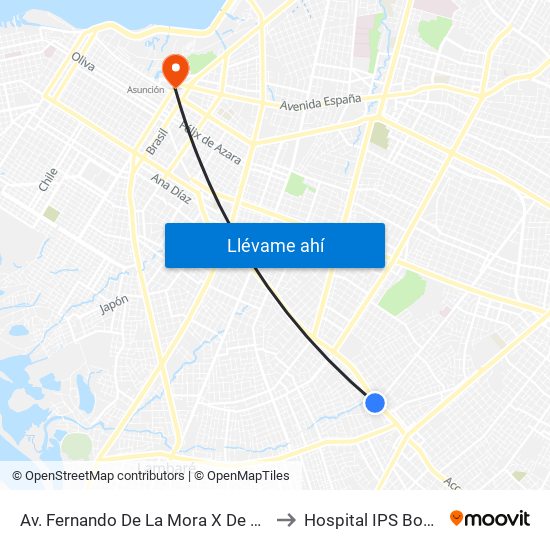 Av. Fernando De La Mora X De La Victoria to Hospital  IPS Boqueron map