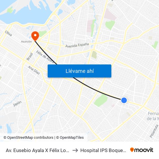 Av. Eusebio Ayala X Félix Lopéz to Hospital  IPS Boqueron map