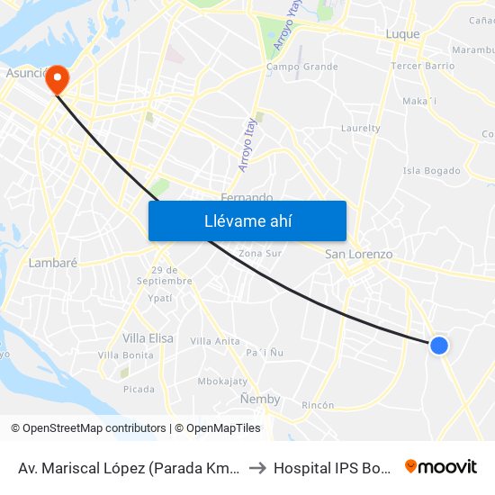 Av. Mariscal López (Parada Km. 17 (1/2)) to Hospital  IPS Boqueron map