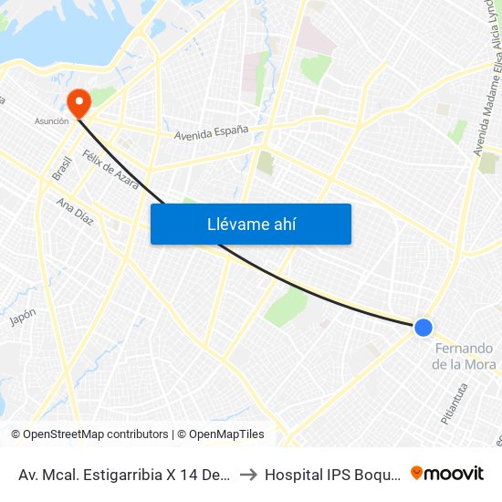 Av. Mcal. Estigarribia X 14 De Mayo to Hospital  IPS Boqueron map