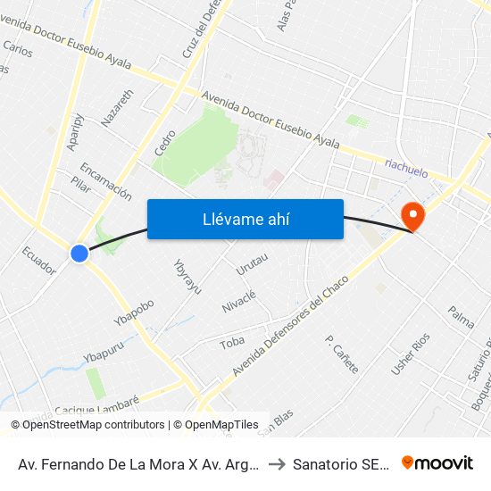 Av. Fernando De La Mora X Av. Argentina to Sanatorio SEMEI map