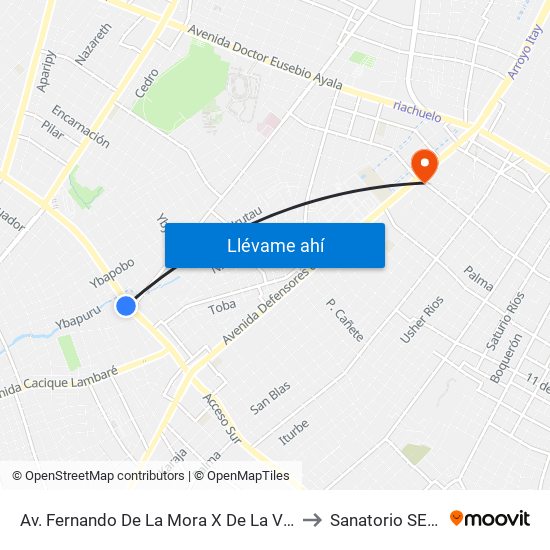 Av. Fernando De La Mora X De La Victoria to Sanatorio SEMEI map