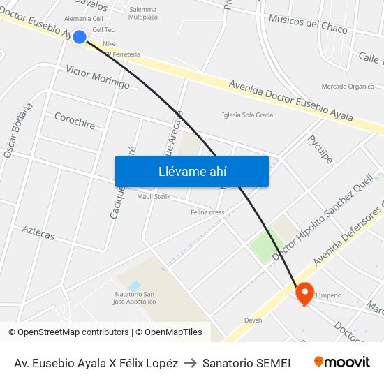 Av. Eusebio Ayala X Félix Lopéz to Sanatorio SEMEI map