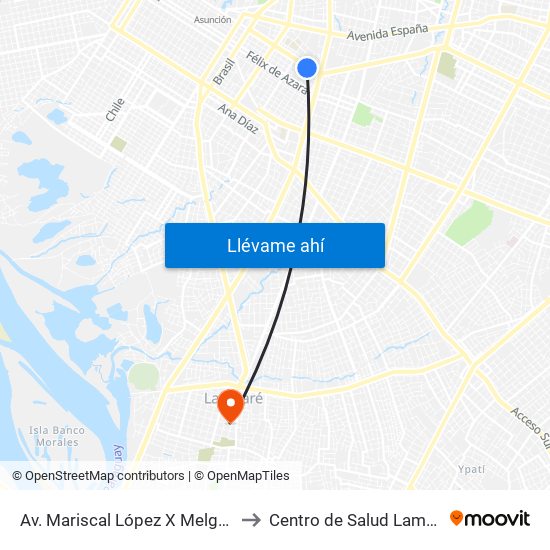 Av. Mariscal López X Melgarejo to Centro de Salud Lambare map