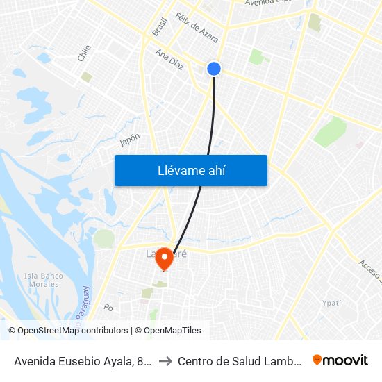 Avenida Eusebio Ayala, 803 to Centro de Salud Lambare map