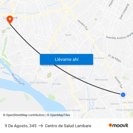 9 De Agosto, 345 to Centro de Salud Lambare map