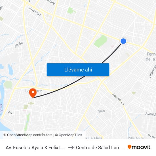 Av. Eusebio Ayala X Félix Lopéz to Centro de Salud Lambare map