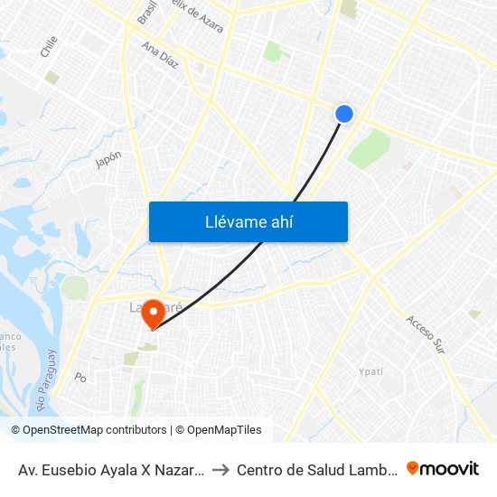 Av. Eusebio Ayala X Nazareth to Centro de Salud Lambare map