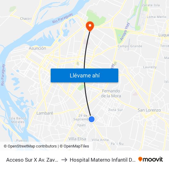 Acceso Sur X Av. Zavalas Cué to Hospital Materno Infantil De Trinidad map