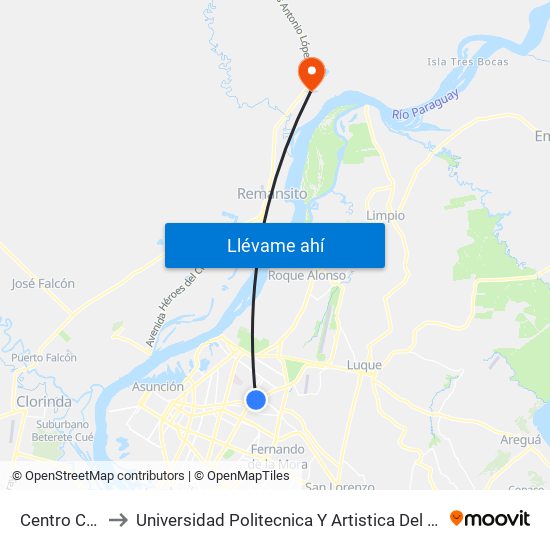 Centro Comercial to Universidad Politecnica Y Artistica Del Paraguay UPAP Villa Hayes map