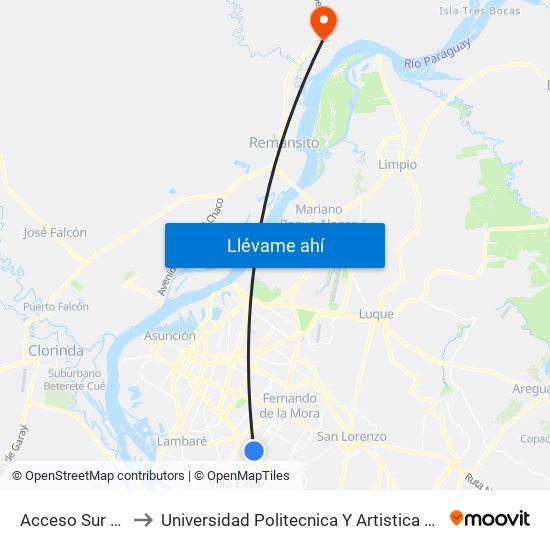 Acceso Sur X Usher Ríos to Universidad Politecnica Y Artistica Del Paraguay UPAP Villa Hayes map