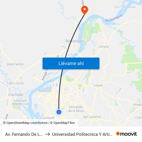 Av. Fernando De La Mora X Av. Argentina to Universidad Politecnica Y Artistica Del Paraguay UPAP Villa Hayes map