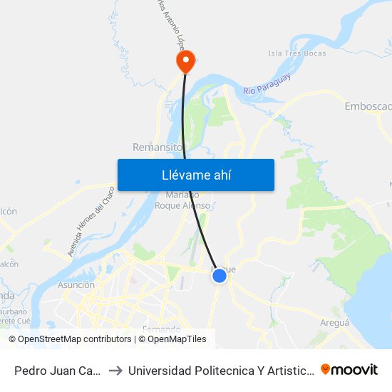 Pedro Juan Caballero X Herrera to Universidad Politecnica Y Artistica Del Paraguay UPAP Villa Hayes map