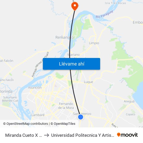 Miranda Cueto X Mariscal Estigarribia to Universidad Politecnica Y Artistica Del Paraguay UPAP Villa Hayes map