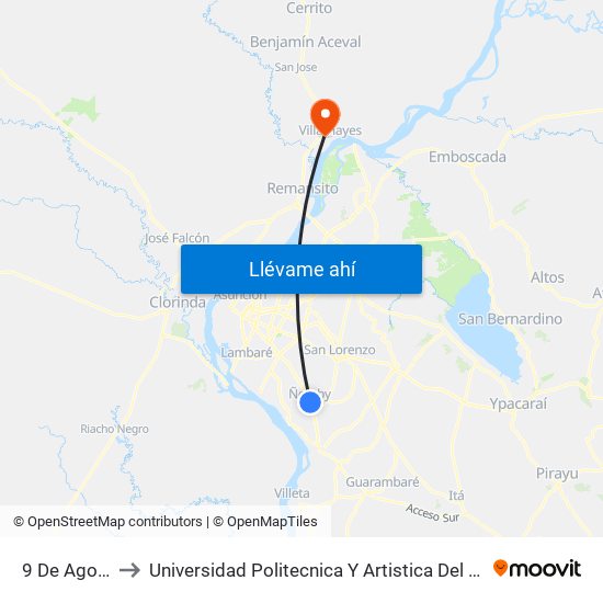 9 De Agosto, 345 to Universidad Politecnica Y Artistica Del Paraguay UPAP Villa Hayes map