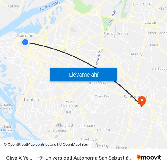 Oliva X Yegros to Universidad Autónoma San Sebastián - UASS map