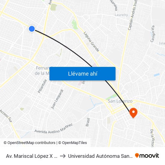 Av. Mariscal López X Capitán Bueno to Universidad Autónoma San Sebastián - UASS map