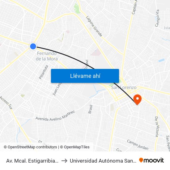 Av. Mcal. Estigarribia X 14 De Mayo to Universidad Autónoma San Sebastián - UASS map