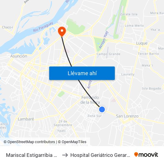 Mariscal Estigarribia X Atilio Galfre to Hospital Geriátrico Gerardo Buogermini map