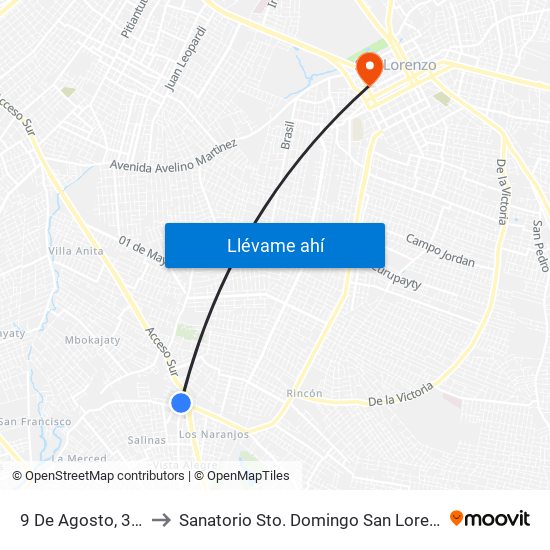 9 De Agosto, 345 to Sanatorio Sto. Domingo San Lorenzo map