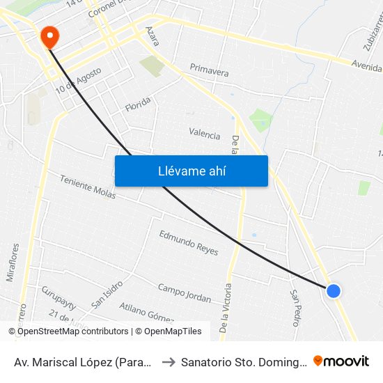 Av. Mariscal López (Parada Km. 17 (1/2)) to Sanatorio Sto. Domingo San Lorenzo map